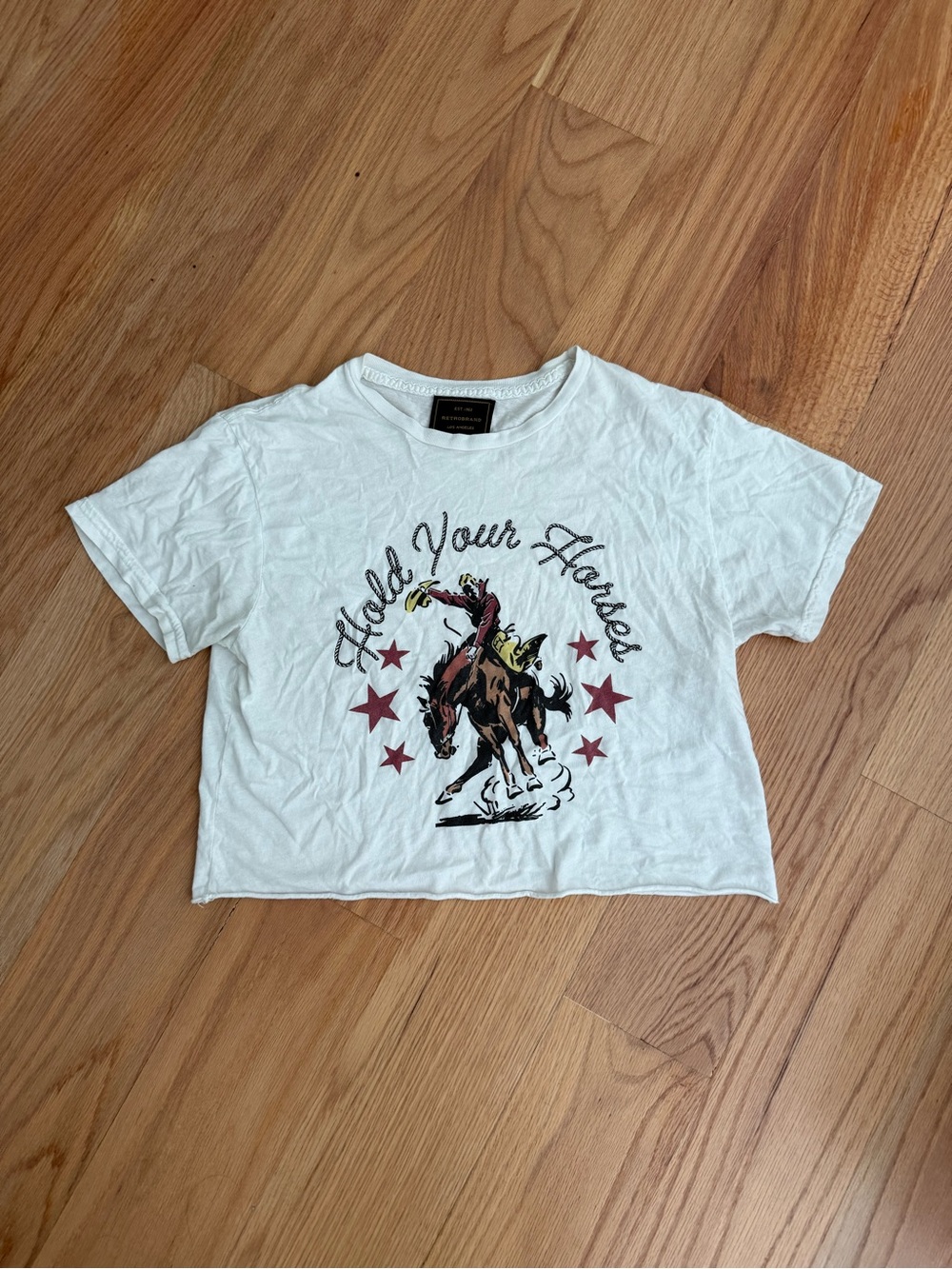 White Graphic Cropped Tee with Rodeo Horse Print